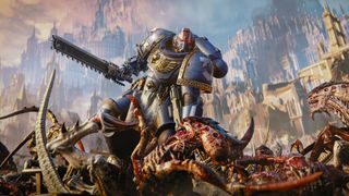 Space Marine 2: Titus pinning down a Tyranid, about to attack it with his chain sword.