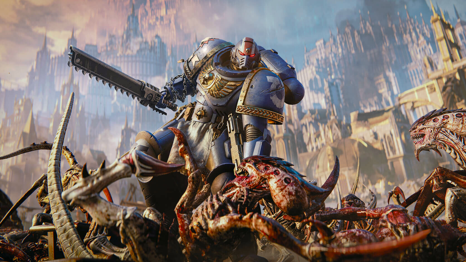 Space Marine 2: Titus pinning down a Tyranid, about to attack it with his chain sword.