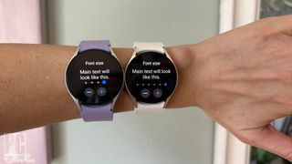 The two sized Samsung Galaxy Watch 6s on an arm.