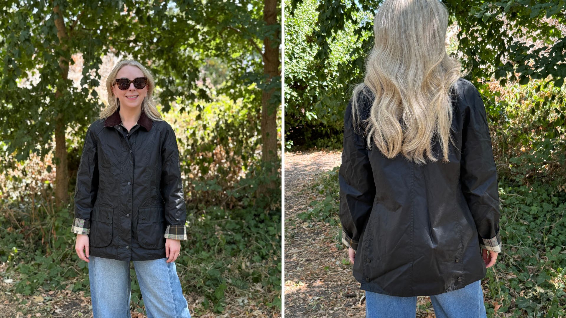 Two images of Caroline Parr wearing the Barbour Beadnell Waxed Jacket