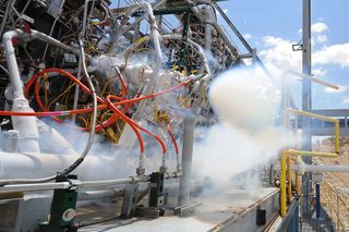An AFRL Rocket Lab sub-scale oxygen-rich preburner test, as part of their effort to replace Russia's RD-180 rocket engine, used in the Atlas V launch vehicle's first stage.