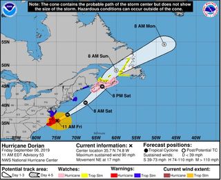Forecast path of Hurricane Dorian on Sept. 6, 2019.