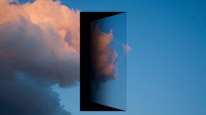 A scene with a blue sky and clouds has an open door cut into it in this photo illustration.