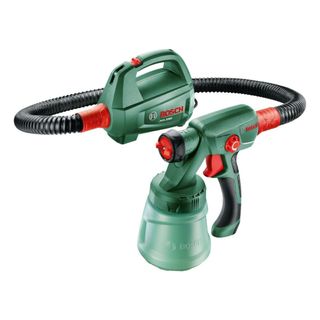 Green and red Bosch paint sprayer with black hose and red connectors between it
