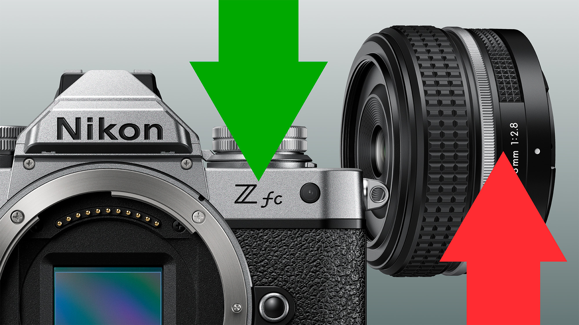 Nikon Zfc and Nikon Z 28mm f/2 (SE) with green and red arrow 
