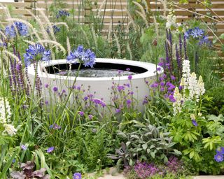 Water feature and soft planting in The Wellbeing of Women Garden at RHS Hampton Court Palace Flower Show 2015