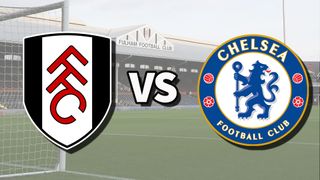 The Fulham and Chelsea club badges on top of a photo of Craven Cottage in London, England
