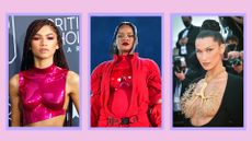 High-fashion breastplates: Zendaya pictured wearing a pink breastplate, alongside a picture of Rihanna wearing a red breastplate over a red jumpsuit performing at the Super Bowl and a picture of Bella Hadid wearing a black dress with a gold, tree-shaped breastplate/ in a three-picture, purple and pink template