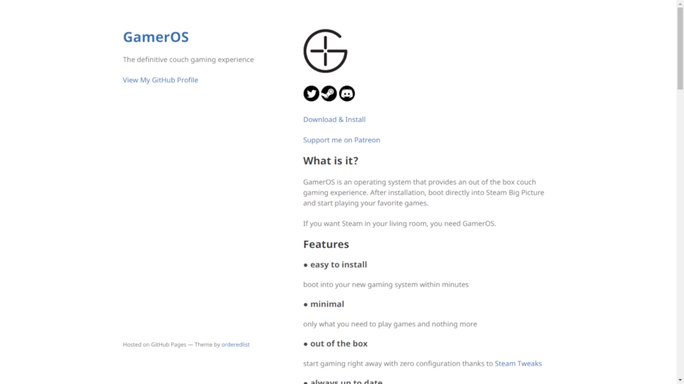 screenshot of GamerOS homepage