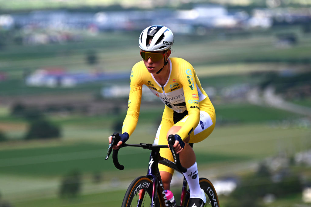 VILLARSSUROLLON SWITZERLAND JUNE 16 Demi Vollering of The Netherlands and Team SD WorxProtime Yellow Leader Jersey sprints during the 4th Tour de Suisse Women 2024 Stage 2 a 157km individual time trial stage from Aigle to VillarssurOllon 1249m UCIWWT on June 16 2024 in VillarssurOllon Switzerland Photo by Tim de WaeleGetty Images