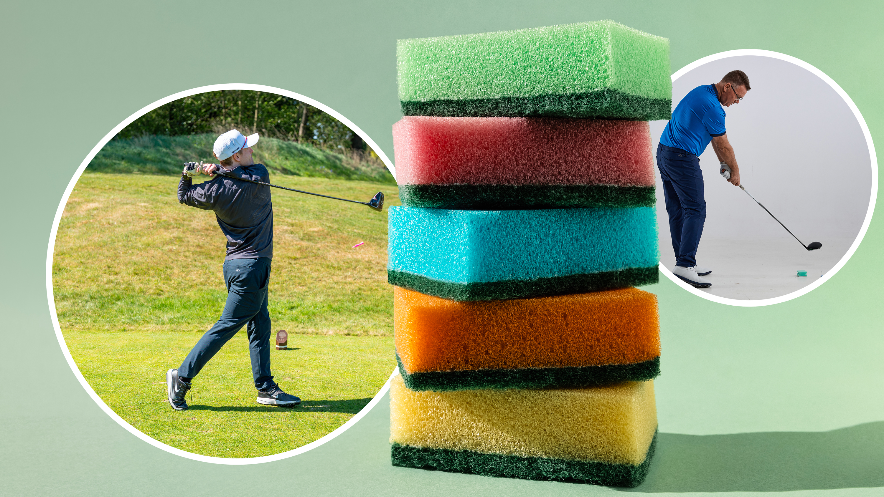 A pile of five sponges, everyday kitchen items, which are used in a drill to neutralize a slice in golf, with inset images of a golfer hitting a slice and the drill to fix it using the sponges
