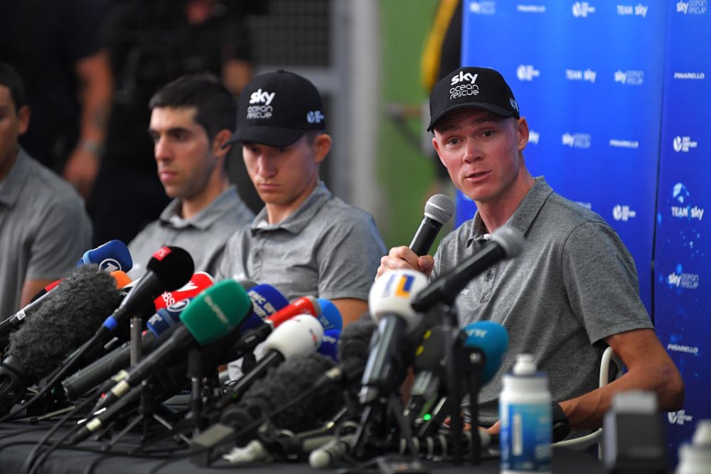 Chris Froome (Team Sky) meets with the press ahead of the Grand Depart at the 2018 Tour de France