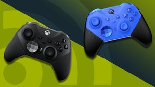 The two Xbox Elite Series 2 controllers on a green background.