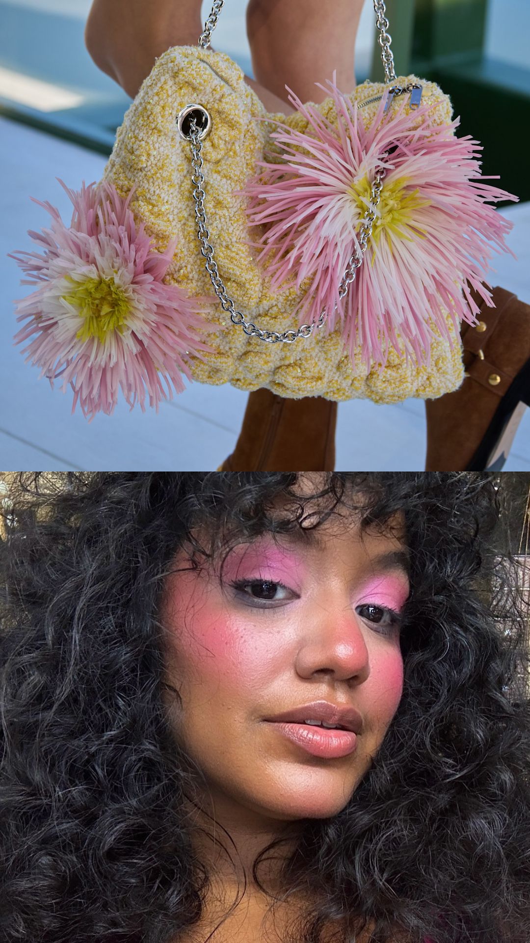 A split image of a runway shot from Dior's F/W 26-27 show and creator Veronica Campos wearing pink eye shadow and blush.
