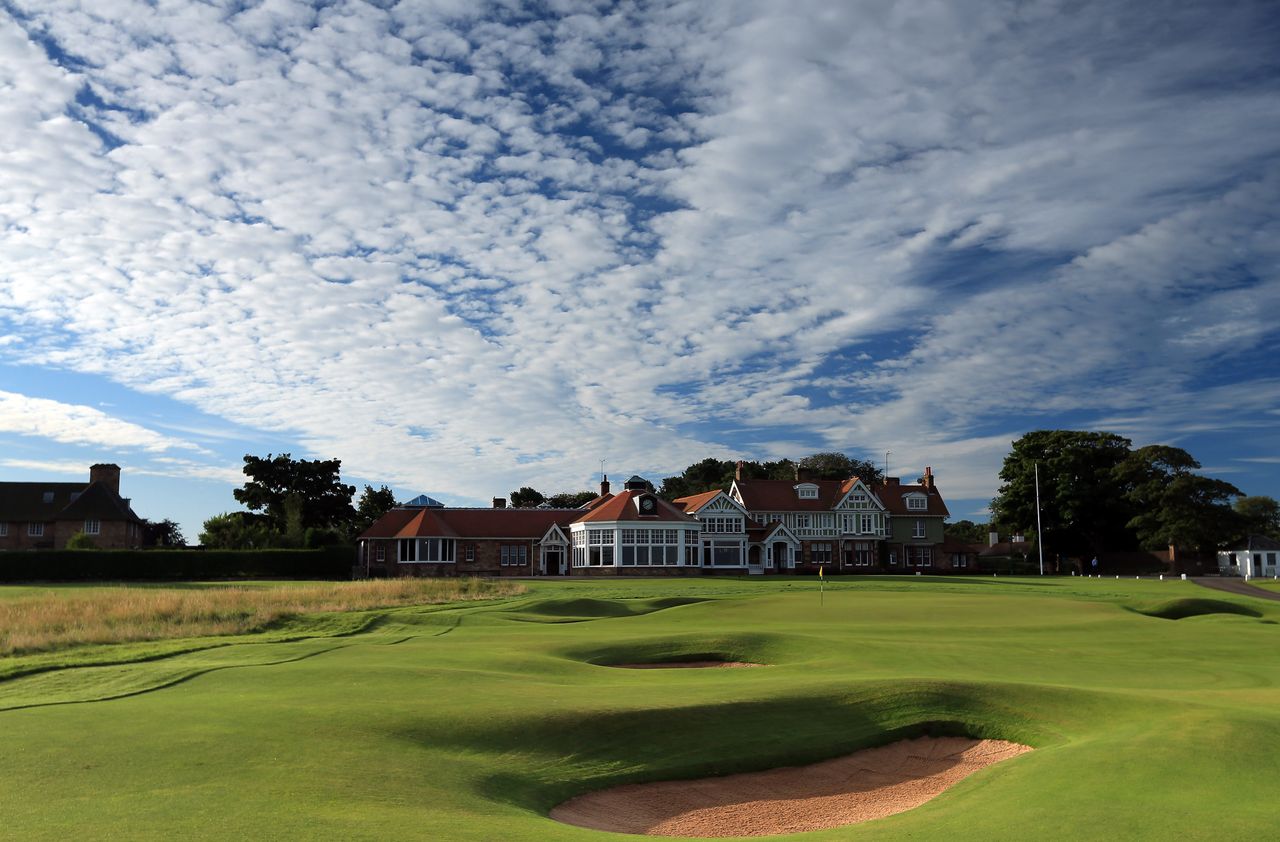The 18th hole and clubhouse pictured at Muirfield