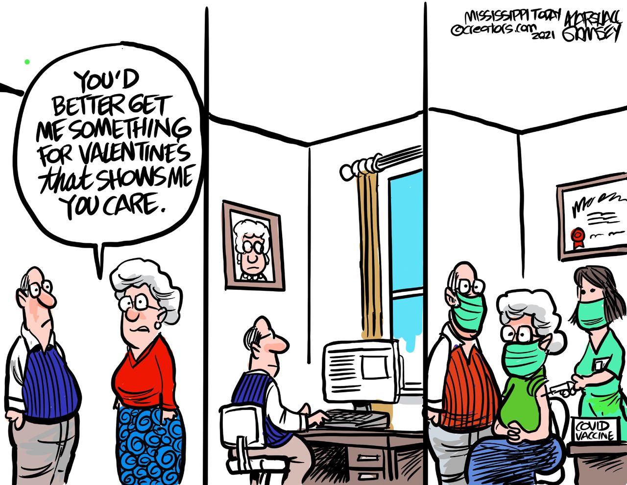 Editorial Cartoon U.S. COVID vaccine valentines day