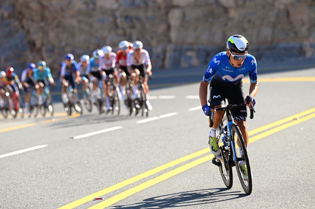 JEBEL JAIS UNITED ARAB EMIRATES FEBRUARY 21 Einer Rubio of Colombia and Team Movistar attacks during the 6th UAE Tour 2024 Stage 3 a 176km stage from Al Marjan Island Al Jazirah Al Hamra to Jebel Jais 1489m UCIWT on February 21 2024 in Jebel Jais United Arab Emirates Photo by Tim de WaeleGetty Images