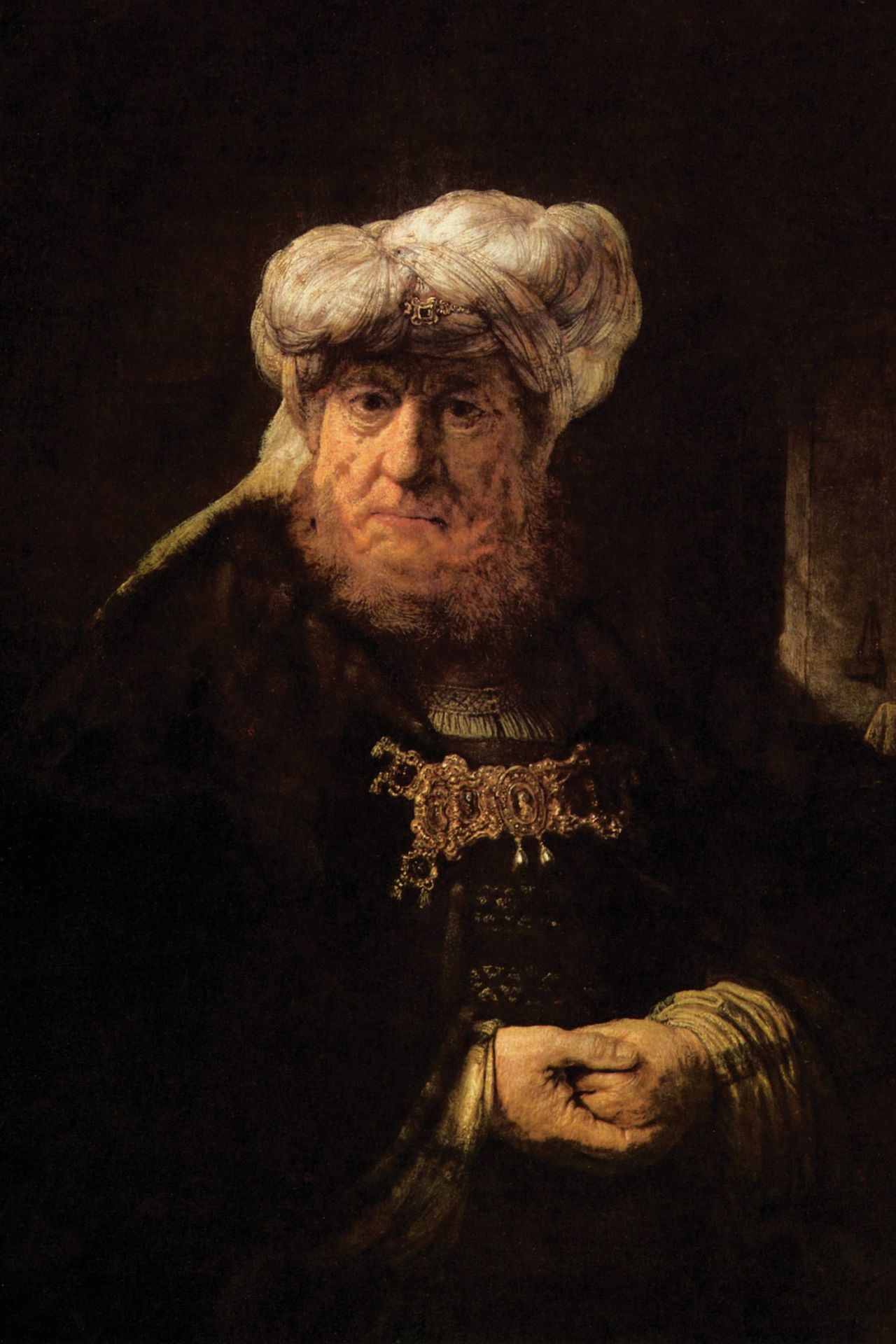 Rembrandt&#039;s &#039;Man in Oriental Costume&#039; (also known as &#039;King Uzziah Stricken with Leprosy&#039;), 1639, part of the collection at Chatsworth.