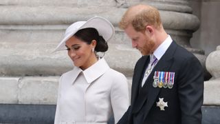 Meghan, Duchess of Sussex and Prince Harry, Duke of Sussex departing St. Paul's Cathedral after the Queen Elizabeth II Platinum Jubilee 2022 - National Service of Thanksgiving on June 03, 2022 in London, England.