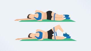 an illo of a woman doing clamshells with a resistance band