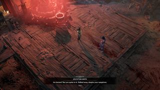 Diablo 4 screenshot of of a meeting between the player Necromancer and vampire hunter Erys standing on a wooden platform
