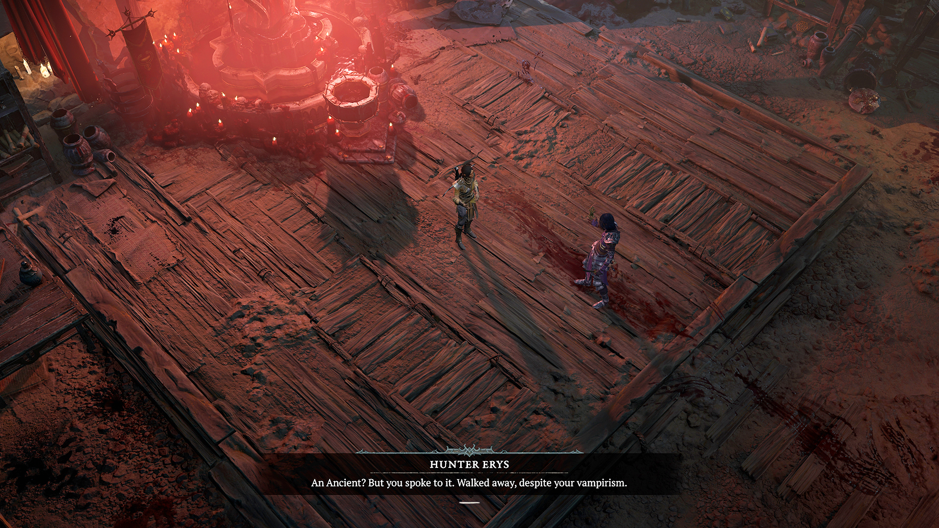 Diablo 4-Screenshot eines Treffens zwischen dem Spieler Necromancer und dem Vampirjäger Erys, der auf einer Holzplattform steht