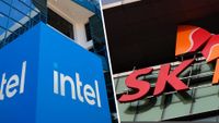 Intel headquarters sign in Santa Clara, California. On the left: On the right: SK Hynix Semiconductor Inc. logo, displayed at the company's plant during a media tour organized by Korea Industrial Complex Corp.
