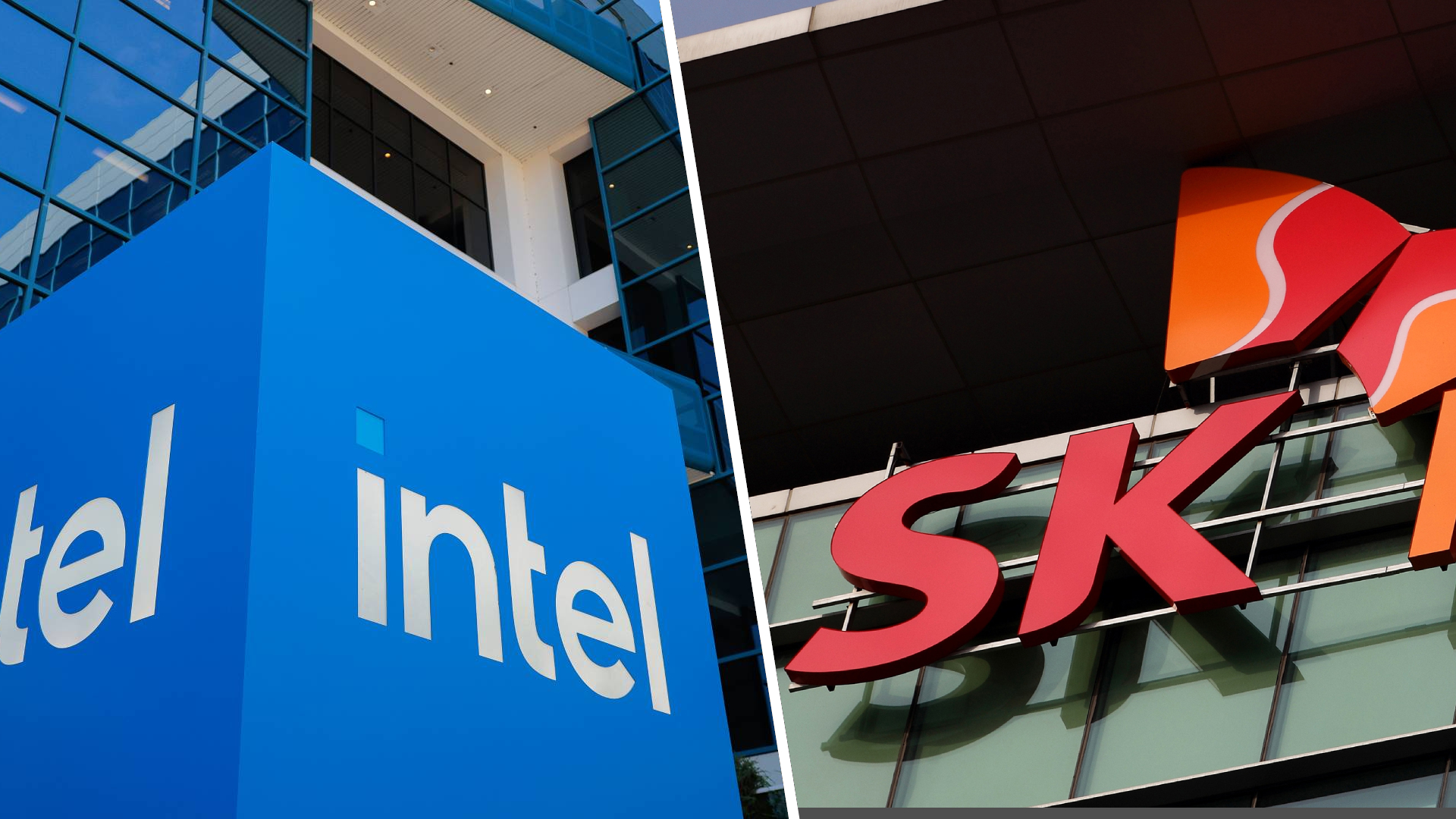 Intel headquarters sign in Santa Clara, California. On the left: On the right: SK Hynix Semiconductor Inc. logo, displayed at the company's plant during a media tour organized by Korea Industrial Complex Corp.