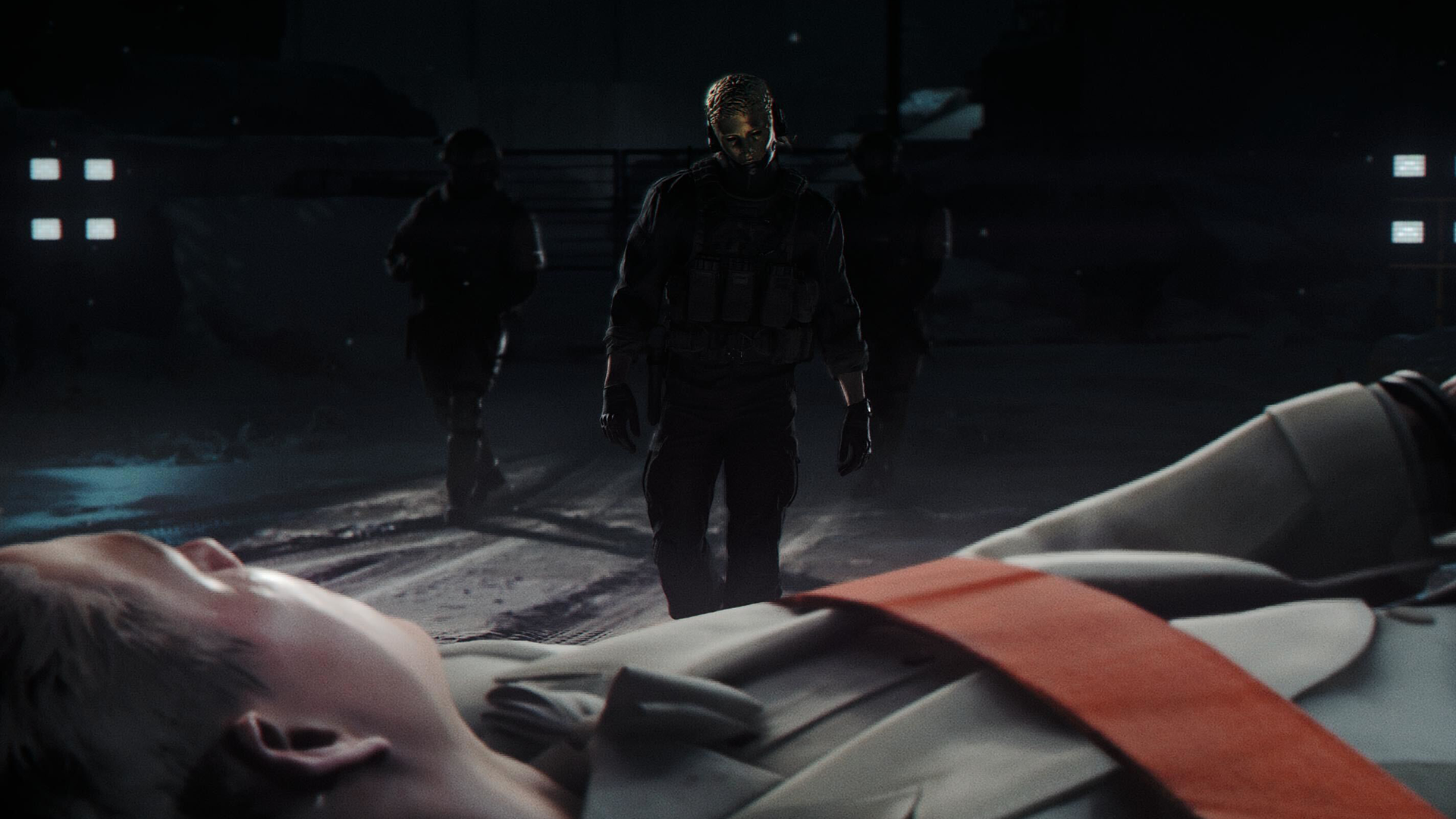 A screengrab from 007 First Light of a masked villain walking up to a tied up Bond
