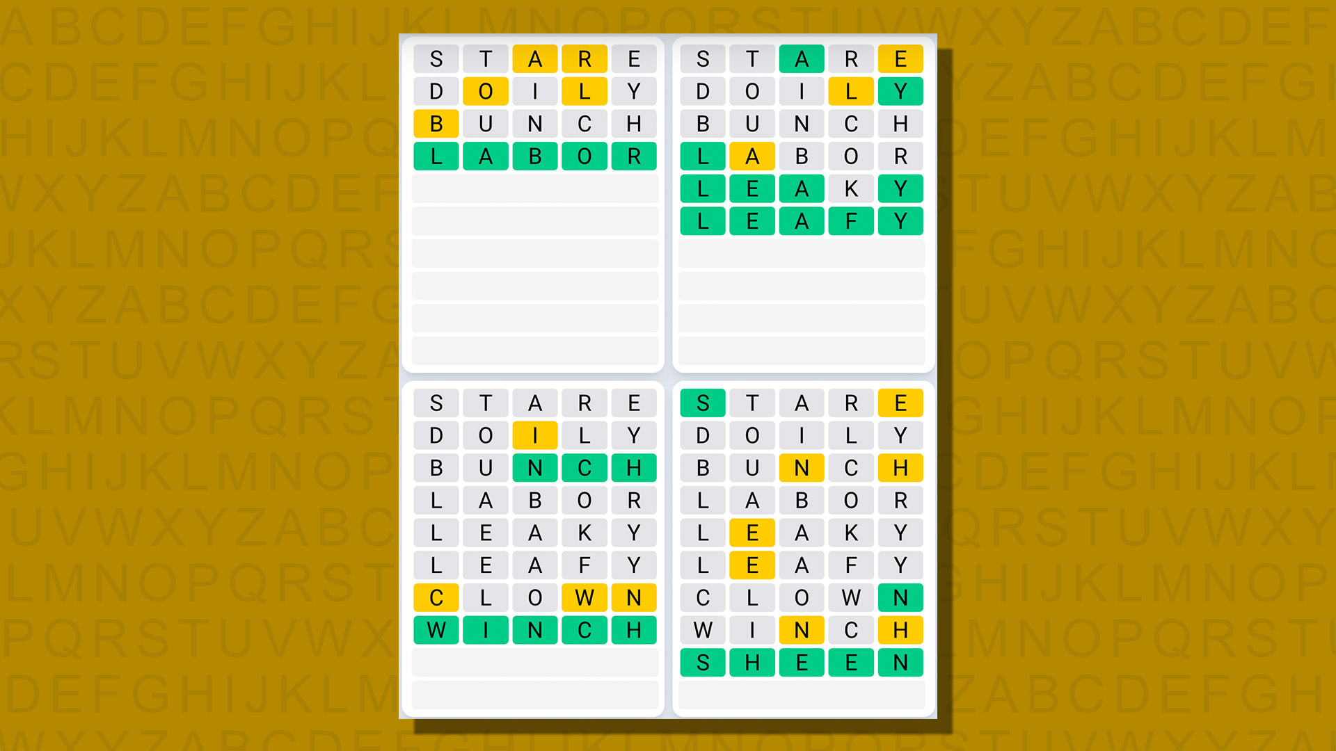 Ежедневная последовательность ответов Quordle для игры 813 на желтом фоне
