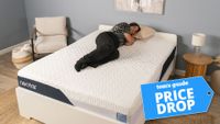A woman lying on the Nectar Classic mattress with a Tom's Guide 'PRICE DROP' badge overlaid.