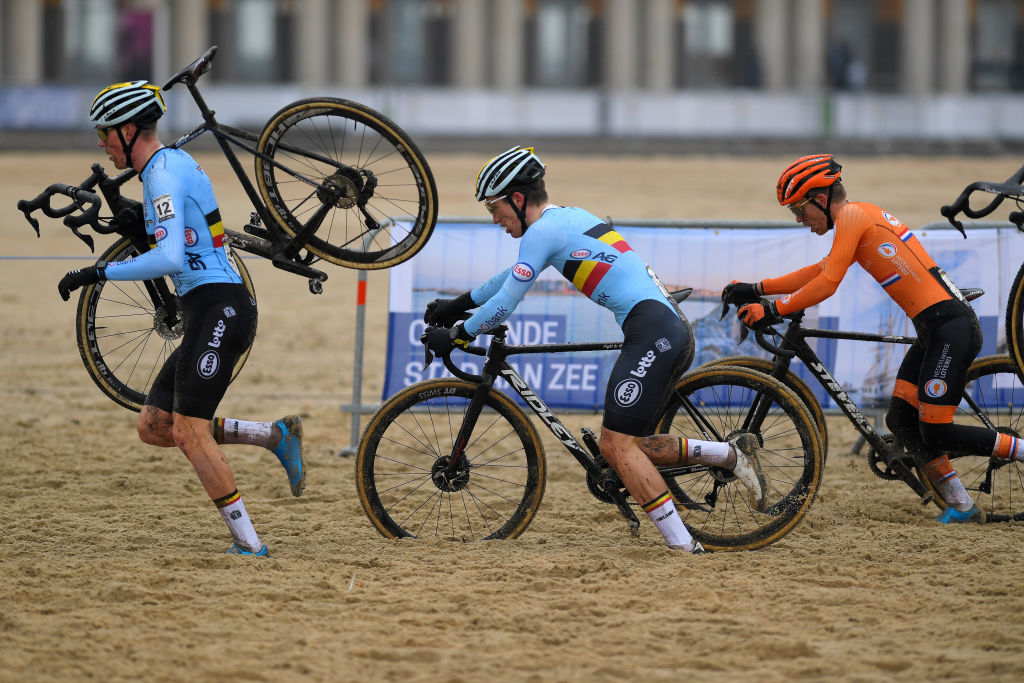 OOSTENDE BELGIUM JANUARY 30 Timo Kielich of Belgium Anton Ferdinande of Belgium and Mees Hendrikx of The Netherlands Beach during the 72nd UCI CycloCross World Championships Oostende 2021 Men U23 UCICX CXWorldCup Ostend2021 CX on January 30 2021 in Oostende Belgium Photo by Luc ClaessenGetty Images