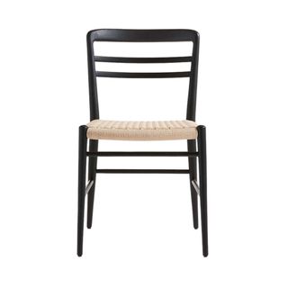 Black Danish modern chair with horizontal slate higher up on back rest and woven cream seat