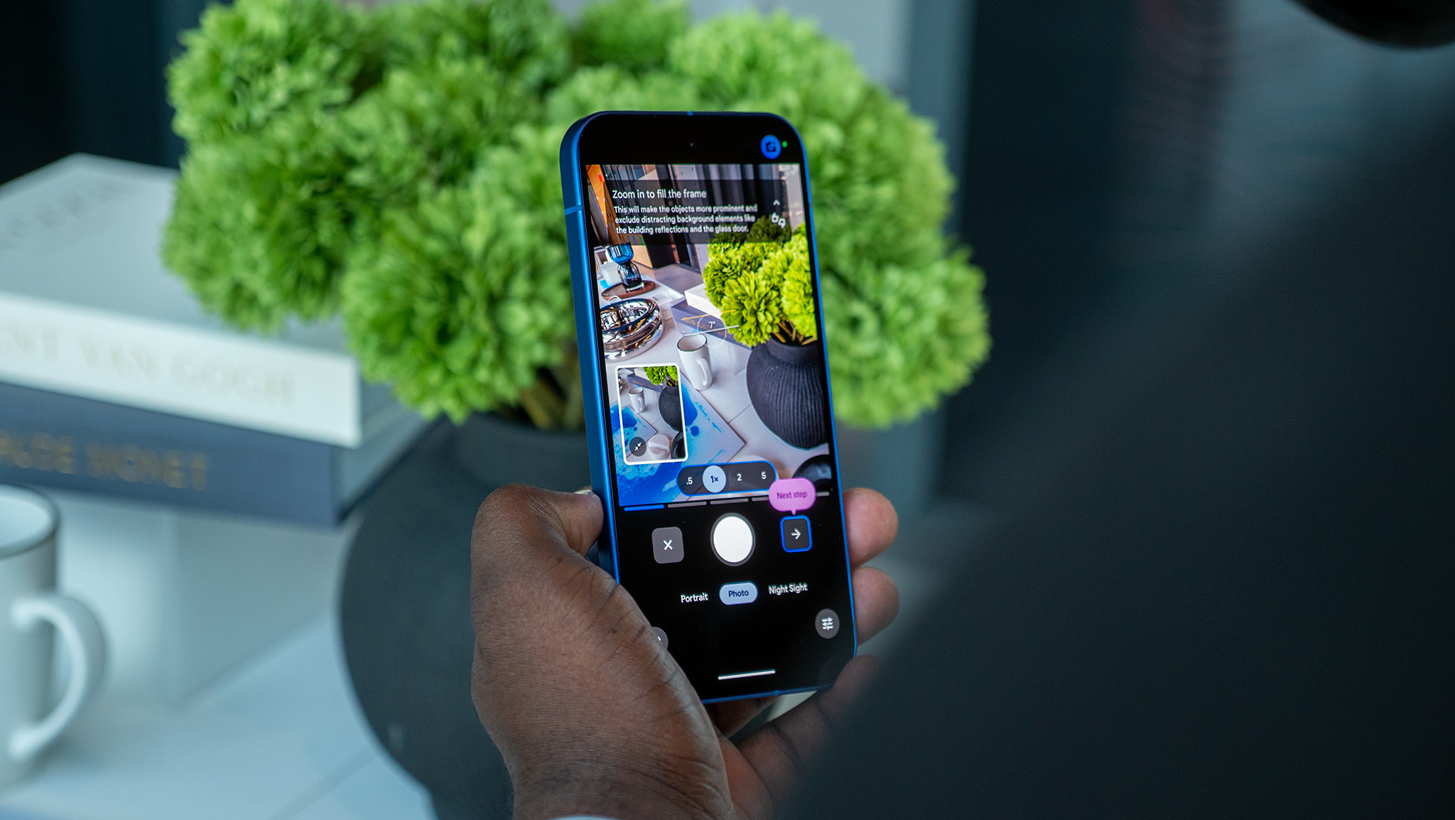 Using Camera Coach on a blue Google Pixel 10 to take a picture of a potted plant