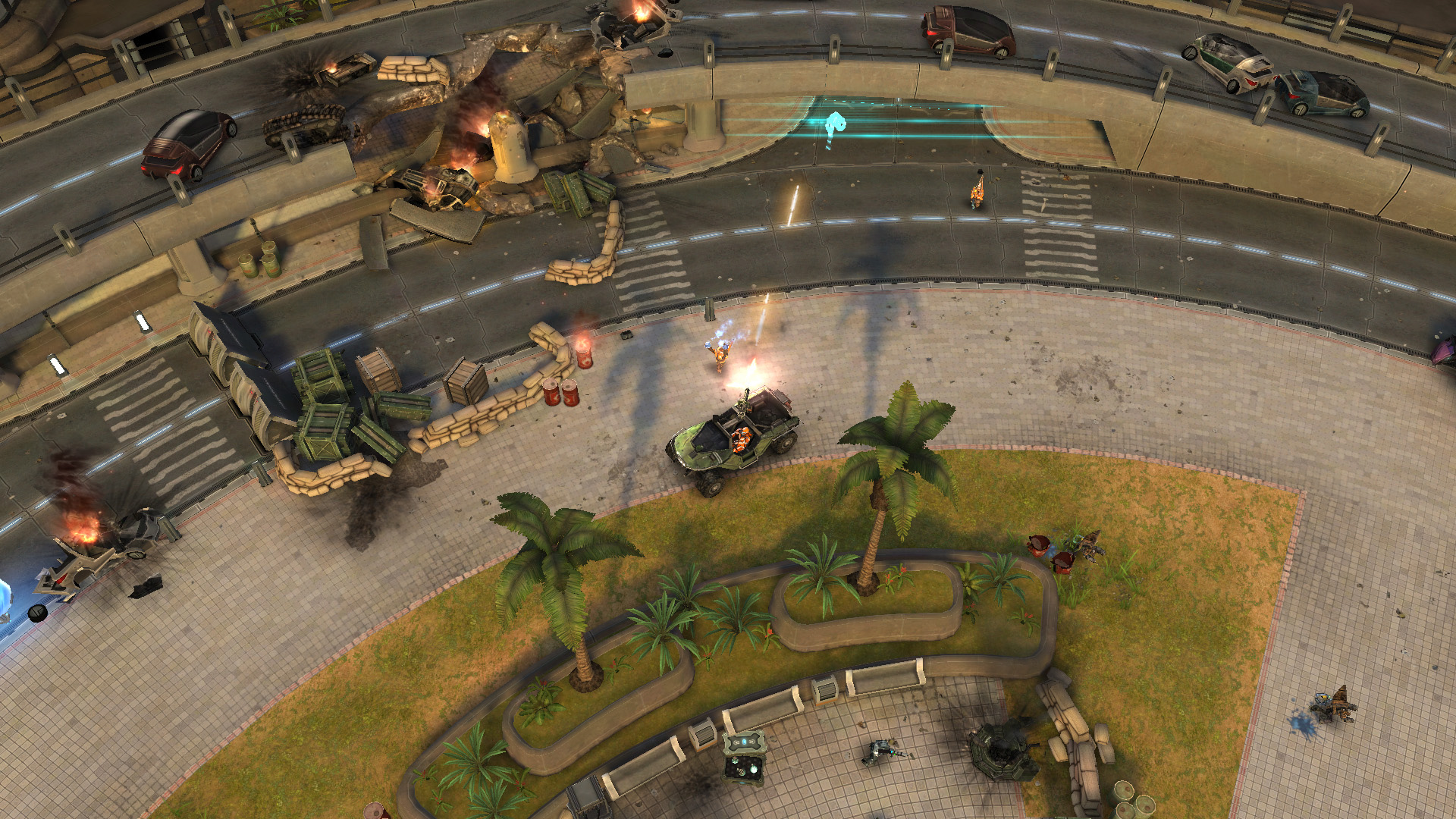 A vehicle from a top-down view fires shots at enemies during a simulation in Halo: Spartan Strike