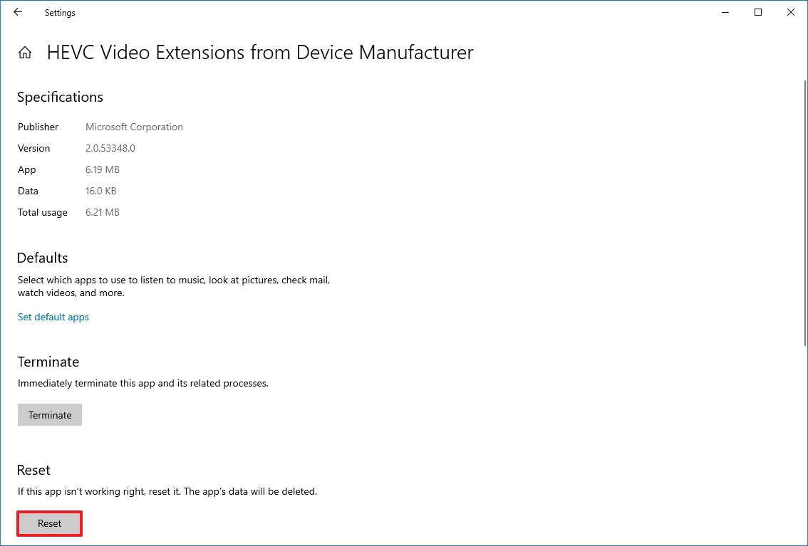 Redefina o HEVC para corrigir problemas no Windows 10