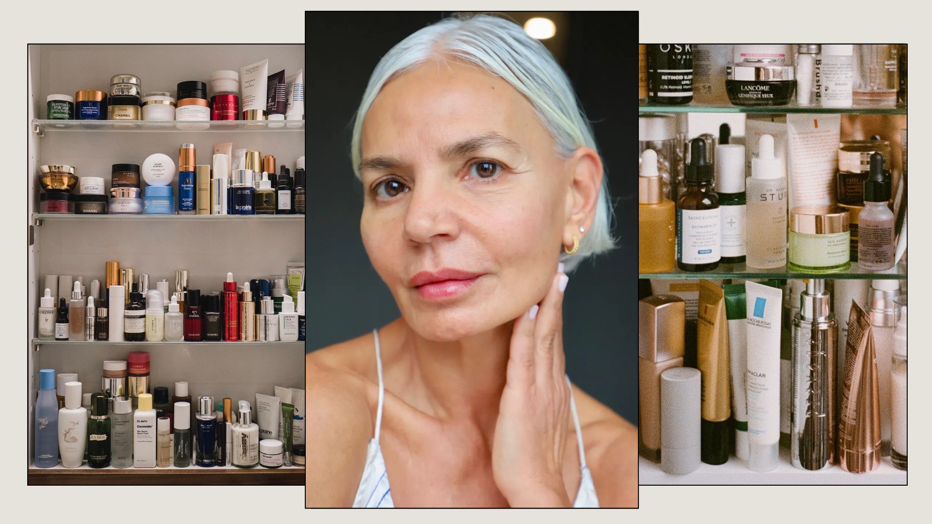A collage featuring two bathroom cupboards filled with moisturisers and a woman taking a selfie with fresh, glowing skin