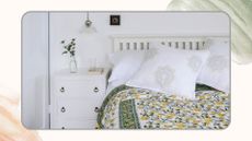 A white bedroom with a white wooden bed frame and green eiderdown on the bed