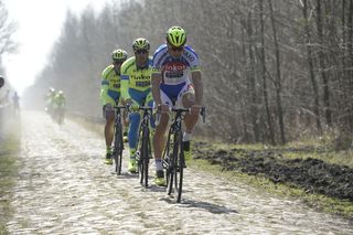 Peter Sagan leads Tinkoff-Saxo through the Arenberg Forest