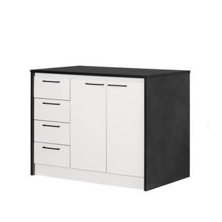 A waterfall kitchen island with a black countertop cascading down the sides of it and four white drawers and two cabinet doors