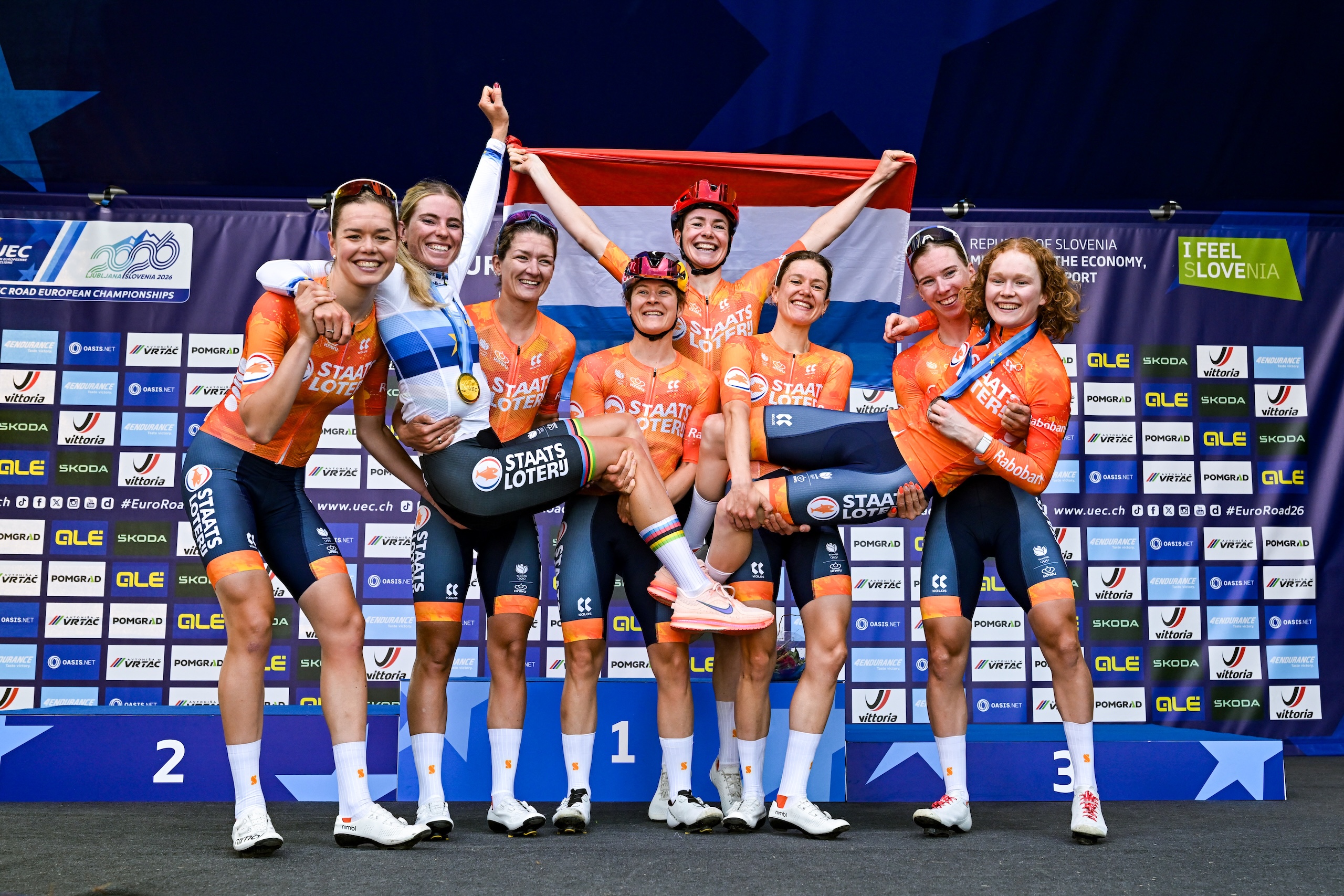 Dominant Dutch squad celebrate Demi Vollering's victory in the women's road race at UEC Road European Championships in Ljubljana, Slovenia
