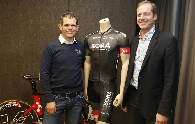 Bora team manager Ralph Denk with Christian Prudhomme