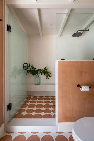 A shower enclosure with glass and pony wall