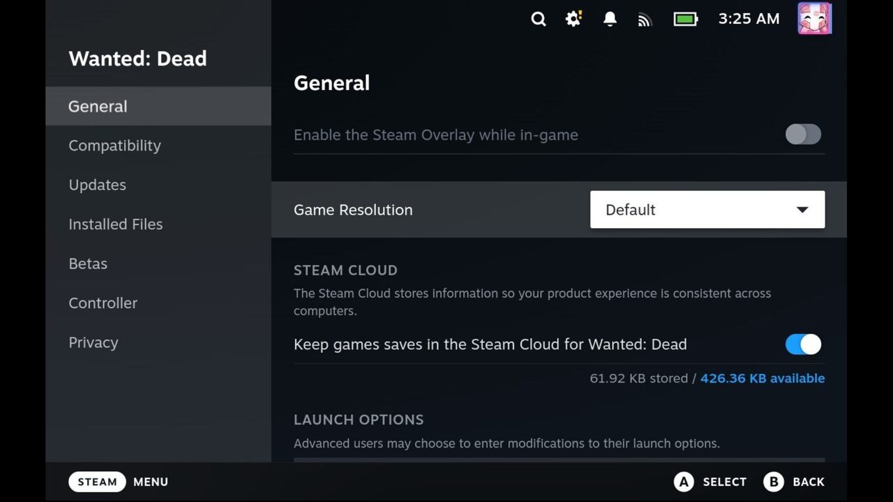 Steam Deck game settings menu with general tab selected