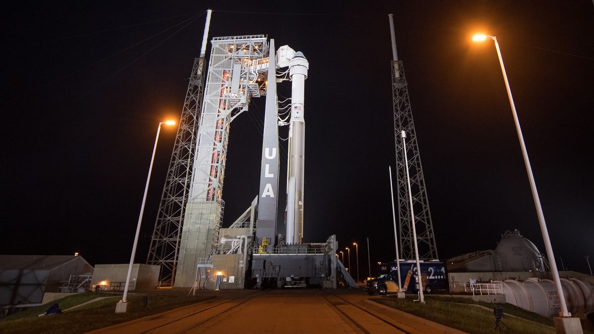 The Atlas V rocket and Starliner spaceraft stand ready for launch at Cape Canaveral Air Force Station in Florida on Dec. 18, 2019.