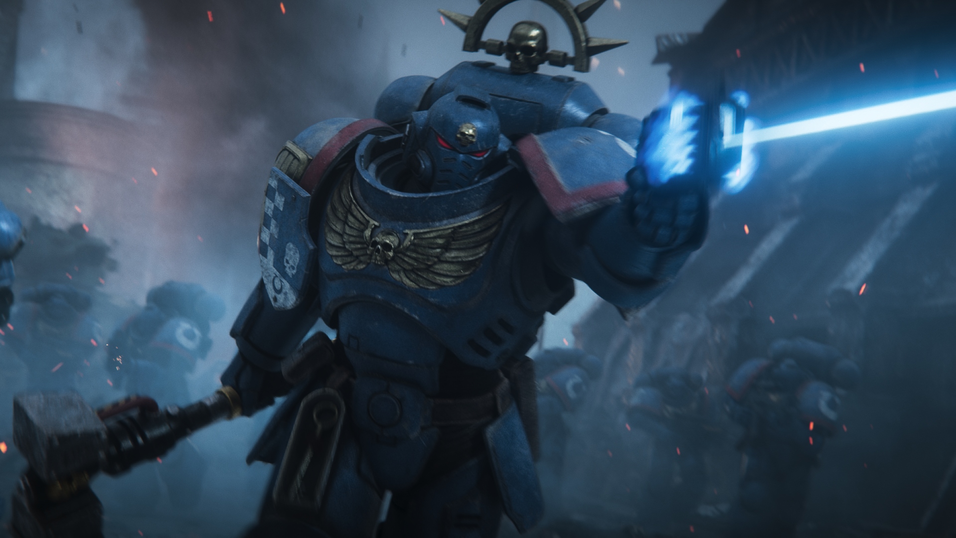 A space marine in Total War: Warhammer 40,000 marching forward, firing a plasma pistol while carrying a hammer