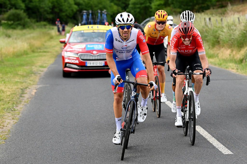 BRIVESCHARENSAC FRANCE JUNE 06 LR Olivier Le Gac of France and Team Groupama FDJ and Anthony Delaplace of France and Team Arka Samsic compete in the breakaway during the 74th Criterium du Dauphine 2022 Stage 2 a 1698km stage from SaintPray to BrivesCharensac WorldTour Dauphin on June 06 2022 in BrivesCharensac France Photo by Dario BelingheriGetty Images