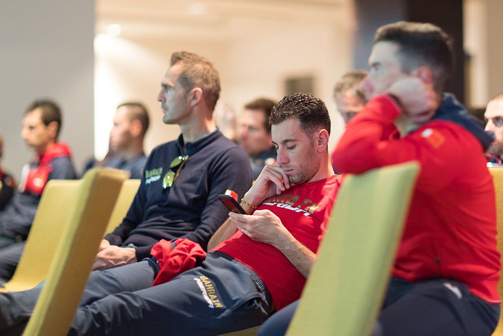 Vincenzo Nibali at the Bahrain-Merida team training camp with his 2019 teammates