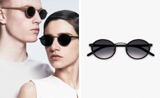 Round black glasses modeled by a man & woman