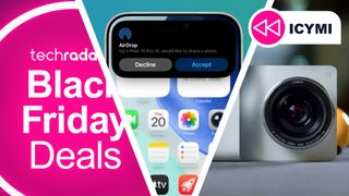 A Black Friday deals logo next to an iPhone on a blue and green background receiving an AirDrop file, next to a Caira camera on a pool table